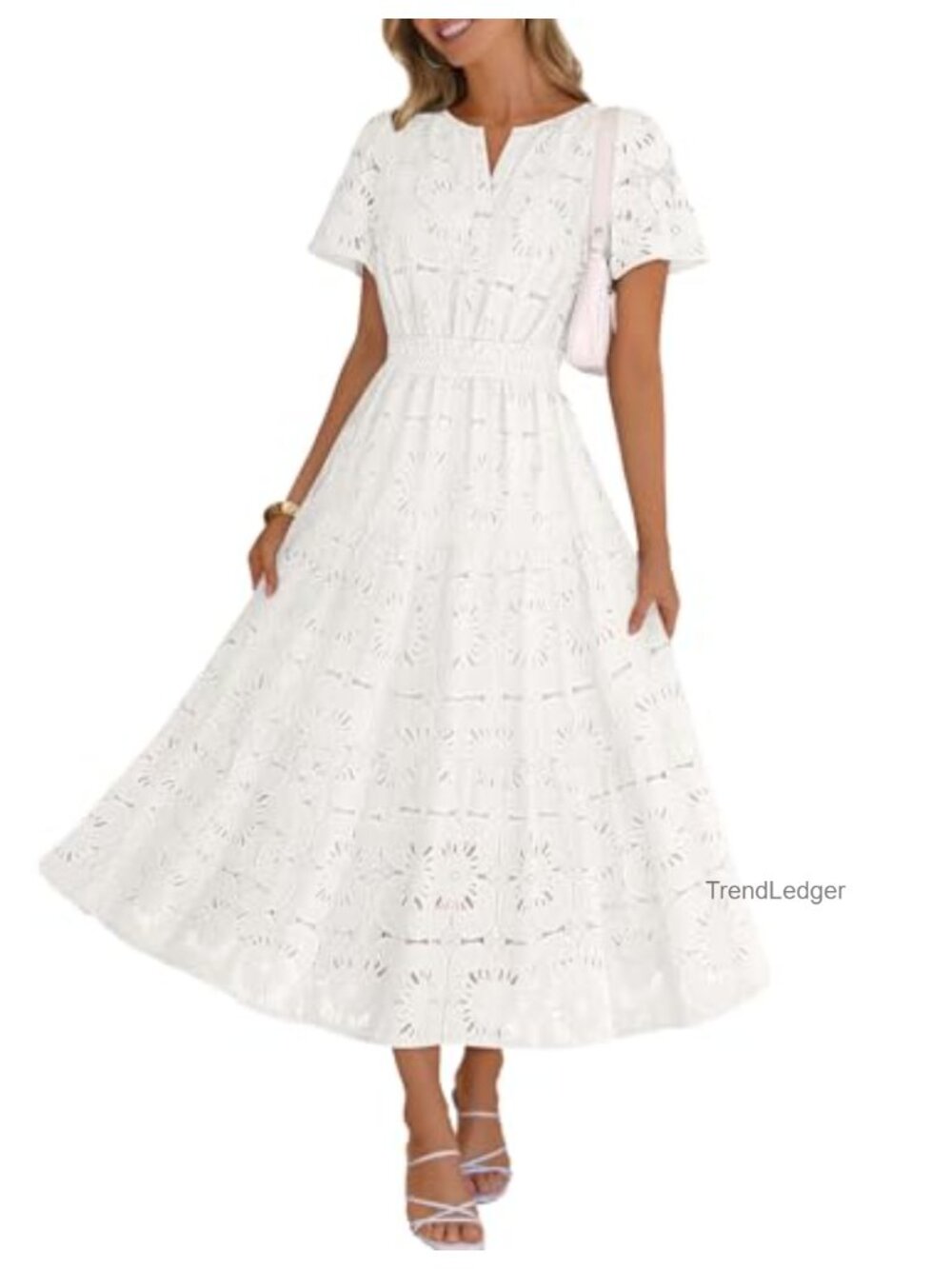 Women's Summer Floral Eyelet Lace Maxi Dress Short Sleeve Boho Beach